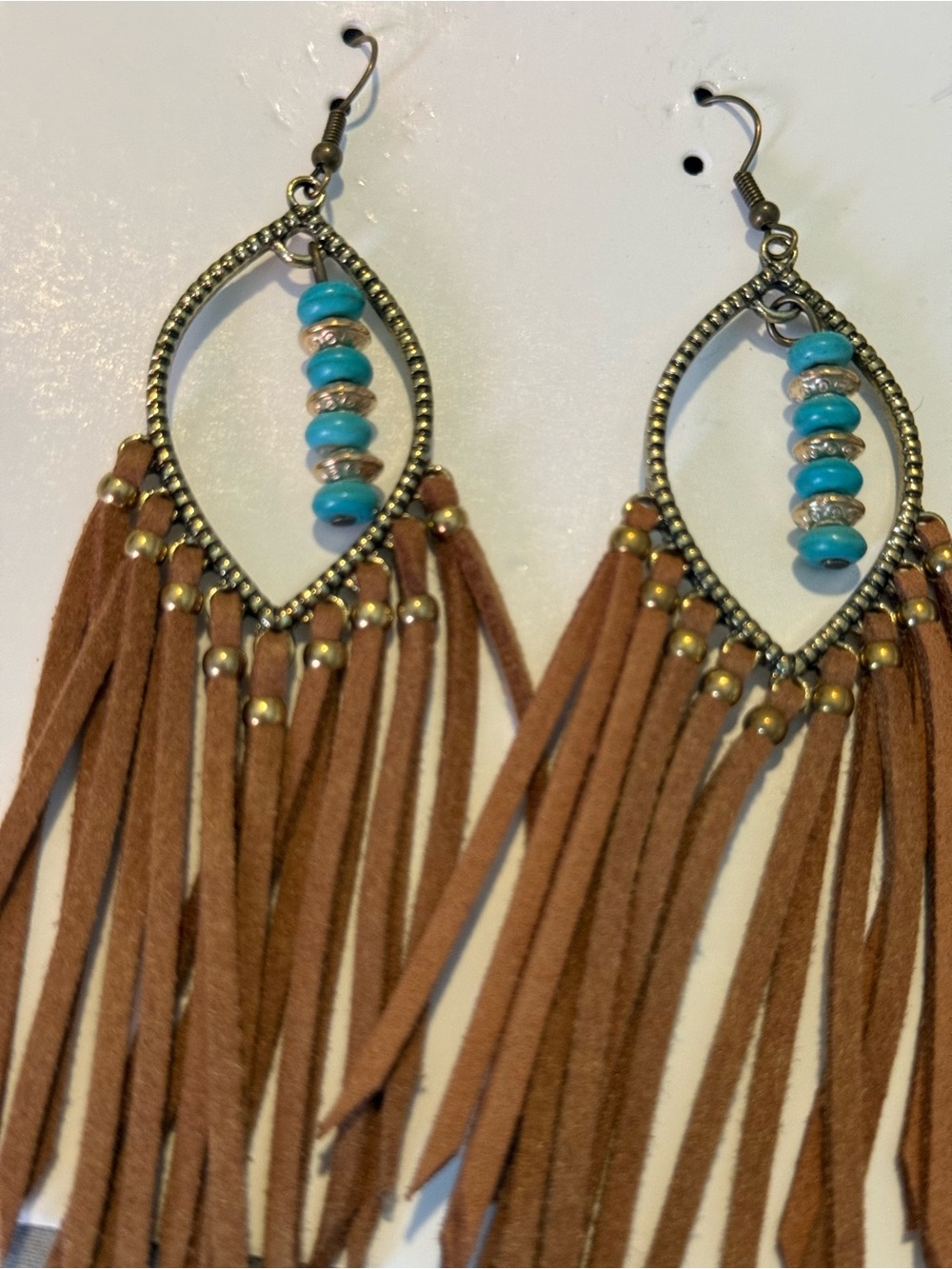 Boho Turquoise Bead Brown Fringe Drop Earrings